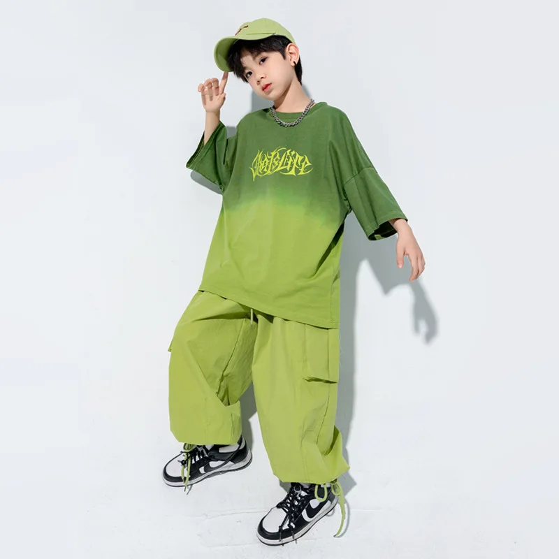 Ropa de Hip Hop Kpop para chico, camiseta de gran tamaño con gradiente, Top verde, pantalones Cargo informales para correr para niña y niño, traje de baile de Jazz