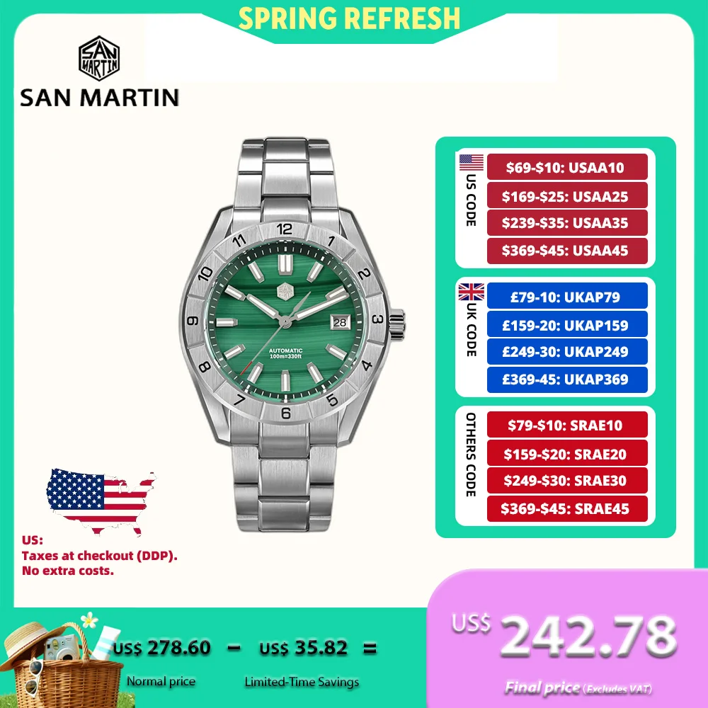 

San Martin 42mm Gemstone Dial NH35 Watch For Men Self Winding Sapphire BGW-X1 Lume 10Bar Swim reloj hombre SN0130B