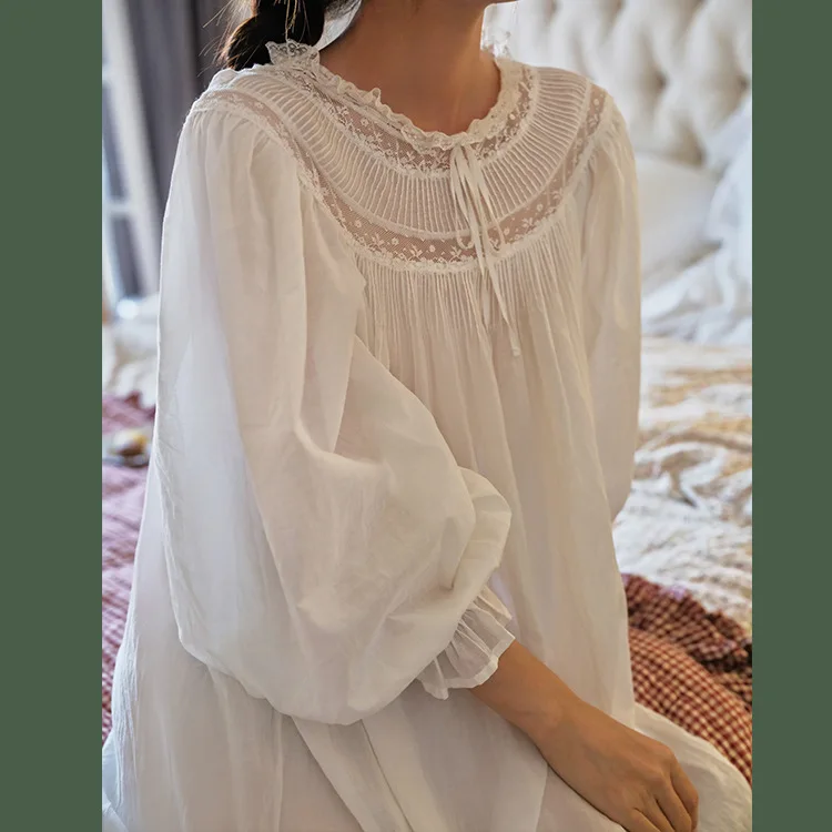 2026 New Handmade Pleated Cotton Fairy Lace Long White Loose Nightgown Sweet Palace Vintage Pajamas Women Nightdress Lounge Robe