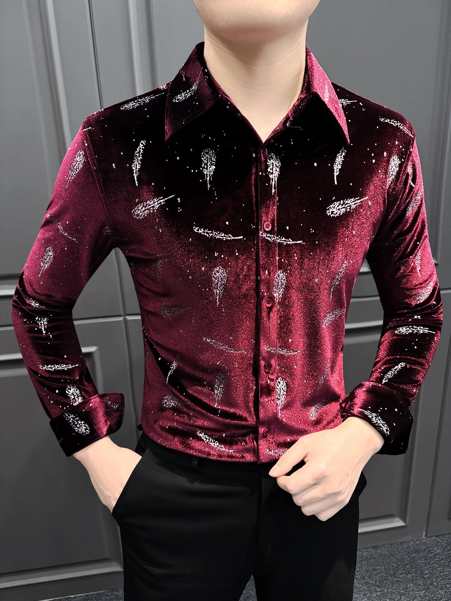 

Мужские рубашки из вельвета с жаккардовым узором «перья», весна 2026, модные, приталенные, повседневные, деловые, классические