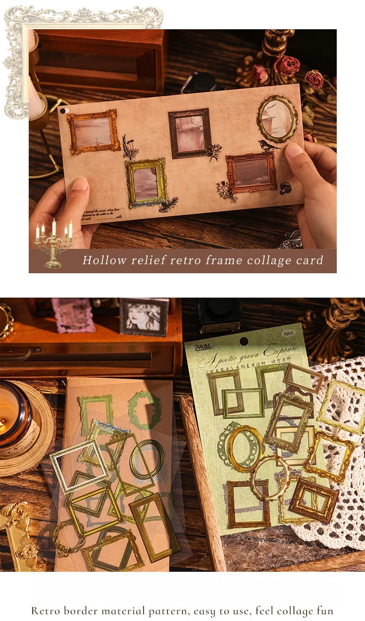 6 Sheets/pack Art World Waterproof PET Retro Frame Sticker DIY Creative Scrapbooking Junk Journal Diary Album Decoration Collage