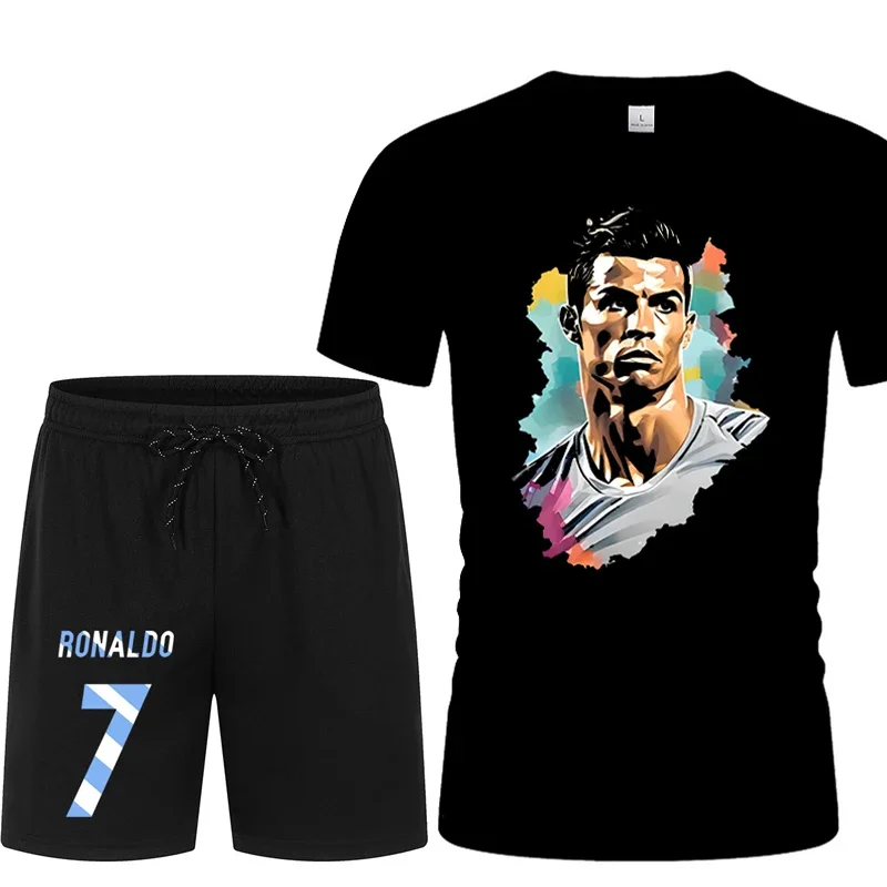 Conjunto esportivo estampado masculino, estrela do futebol, Cristiano Ronaldo, shorts de manga curta, moda respirável, verão, novo, 2 peças, 2024