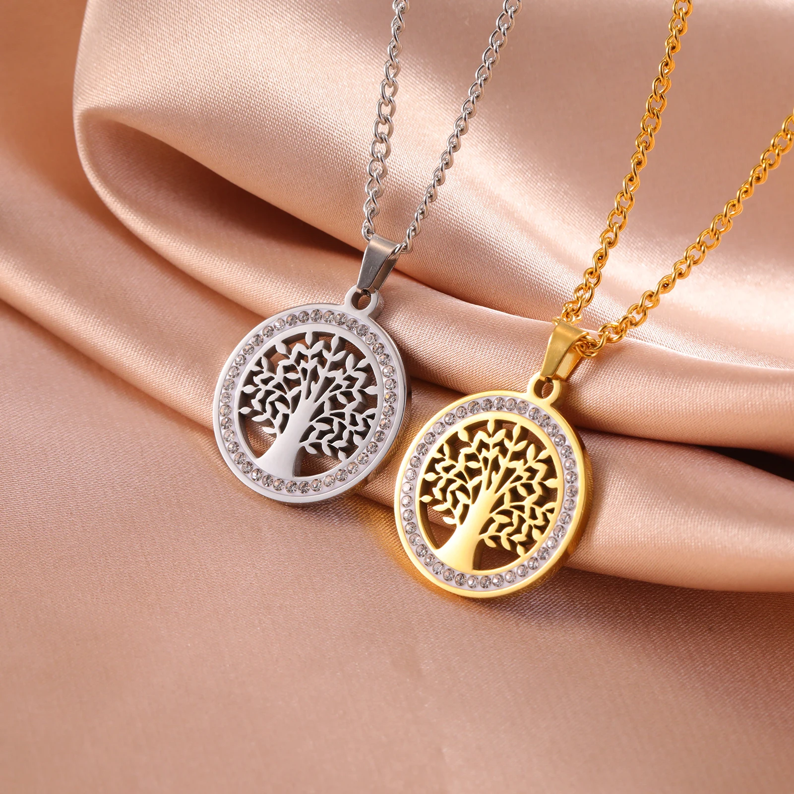 Skyrim Tree of Life Clear Zircon Round Pendant Necklace Women Stainless Steel Gold Color Neck Chains Luxury Jewelry Wedding Gift