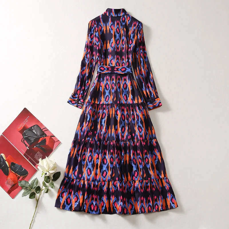 Fashion Turn-Down Collar Long Sleeve A-Line Dresses Princess Style Leopard Print Dress