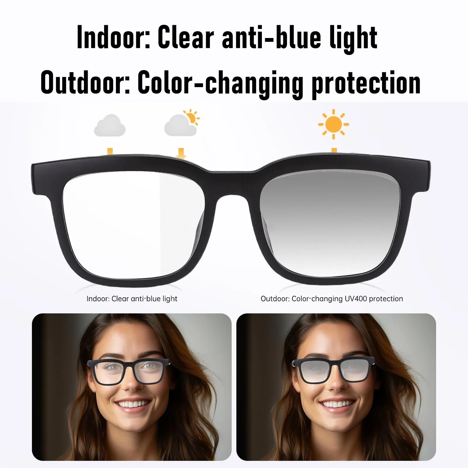 Audio Smart Glasses for Women Men Blue Light Blocking Photochromic Lenses Dual Stereo Speakers Voice Control Calls HiFi Sound