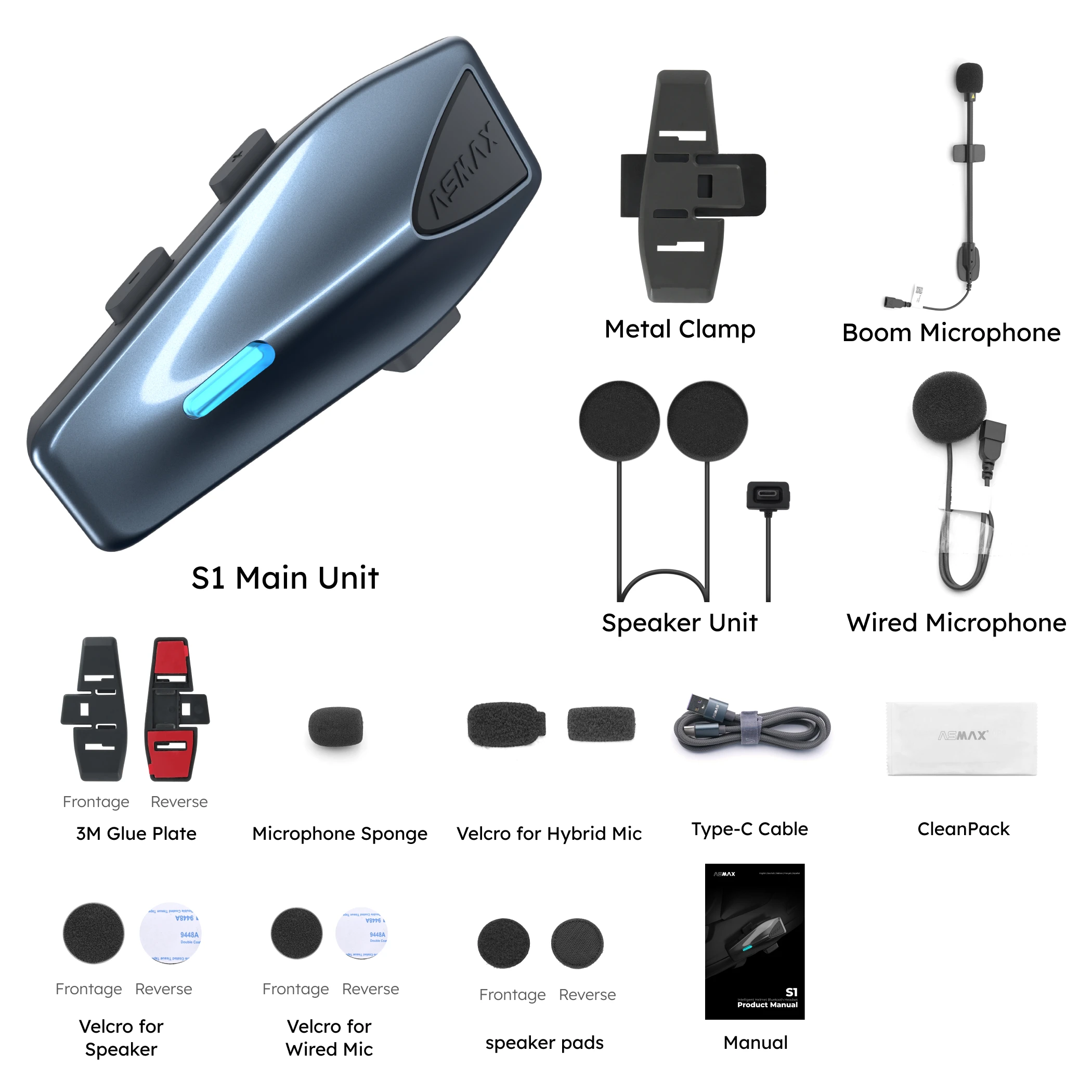 ASMAX Blue S1 motorfietsintercom Global Mesh Group-systeem, spraakopdracht, HD-audio, IPX7, ENC-microfoon en app-connectiviteit