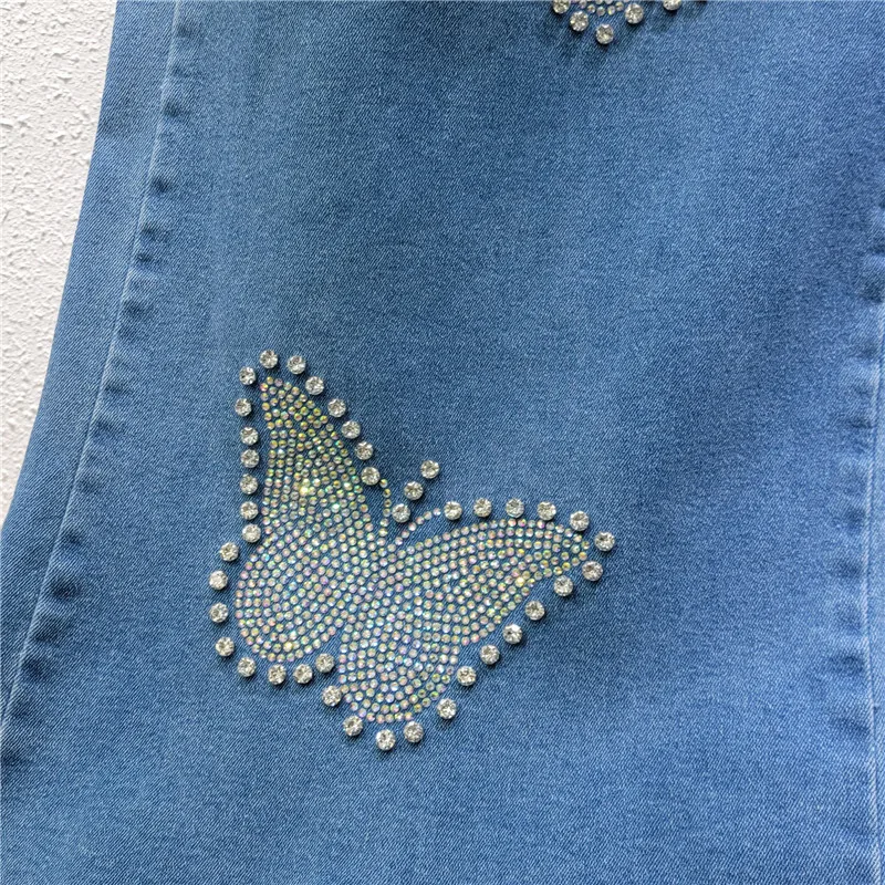 New Casual Hot Diamond Beads Butterfly High Waist Elastic Jeans Women's Wide Leg Floor Pants Summer 2025 Trendy Loose Trousers