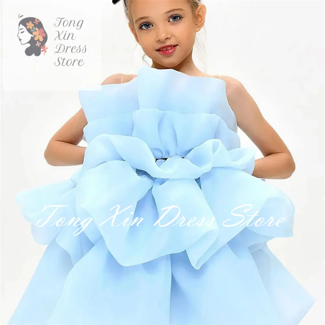 

Cute Sleeveless Puffy Knee Length Flower Girl Dress For Wedding Sky Blue Elegany Kids Birthday Party First Communion Ball Gowns