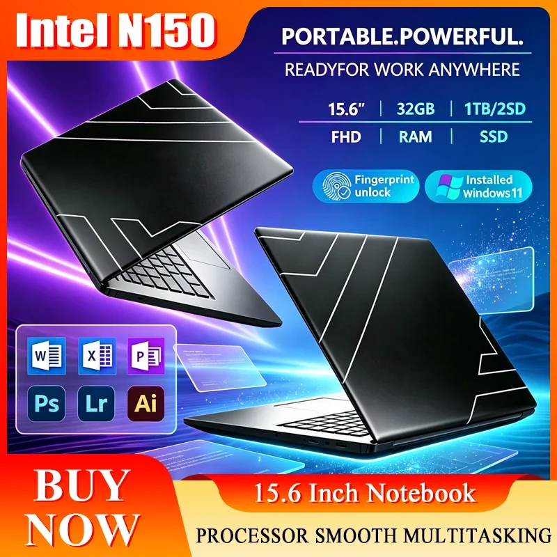 New 15.6'' Laptop Intel Core N150 32GB 2TB Gaming PC Ultra Slim Office Study Computer PC Windows 11 Pro 1920*1080 HD