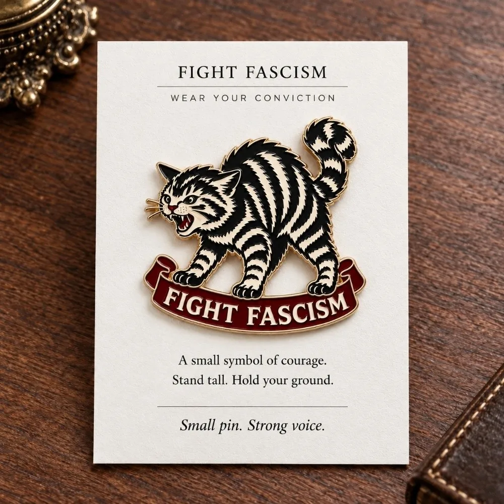 Enamel Fight Fascism Cat Pin Bold Statement Striped Cat Anti Fascist Brooch Tattoo Flash with Red Banner Enamel Brooch