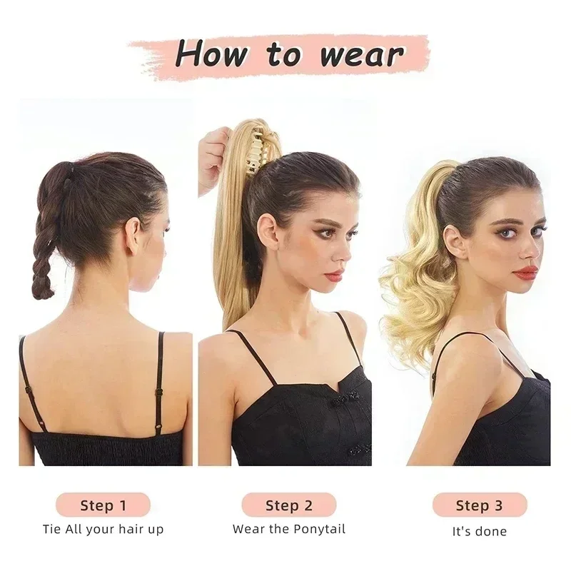 24\'\' Wave Claw Clip on Ponytail Long Hairpiece Ponytail Extension Blonde Synthetic Fake Hair Horse Tail for Women Heat Resistant