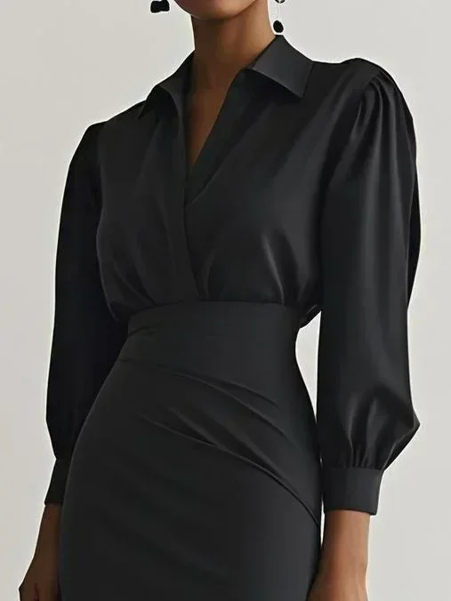 Damen Rüschenkleid mit V-Ausschnitt und Puffärmeln, Midi-Länge, Bleistiftschnitt, geraffte Taille, Schlitz, elegantes Bürokleid – Detail 4