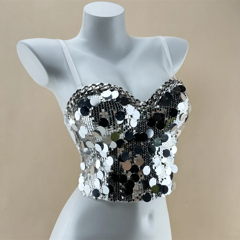 Fish Scale Flake Chain Fishbone Corset Women Nightclub Spice Girl Bustier Tops Hand Sewn Fixed Cups Beauty Back Bra