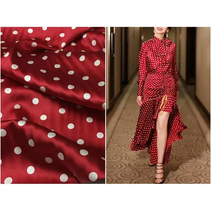 Heavy Silk Fabric New Summer 19mm Red Bottom White Dot Print Stretch Silkworm Silk Satin Dress Fabric