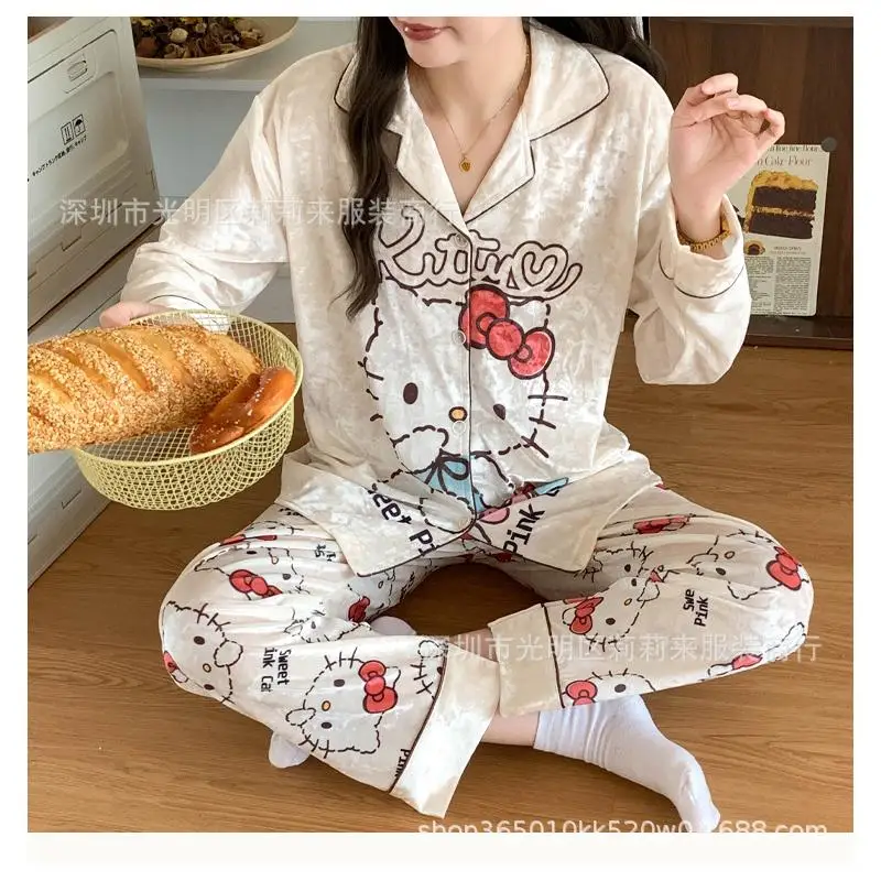 Sanrio Girl Sexy Golden Velvet Flip Collar Pajama Set Kawaii Hello Kitty Comic Jesienno-zimowy modny kardigan Odzież rekreacyjna