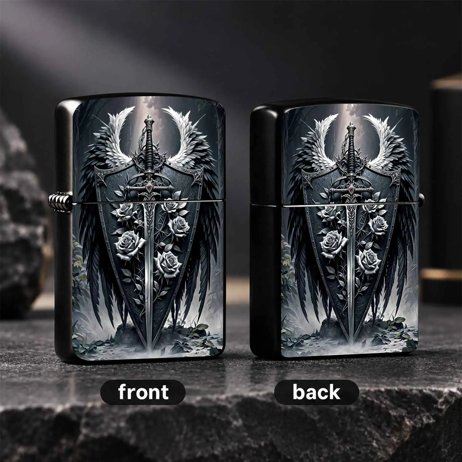 Gothic Dark Style Lighter With Sword Shield White Rose Wing Pattern, Exquisite Art Decorative Accessory, Suitable For Daily Travel Outdoor Gathering Various Scenarios, Unique Creative Gift For Friends Family, High Aesthetic Practical Person