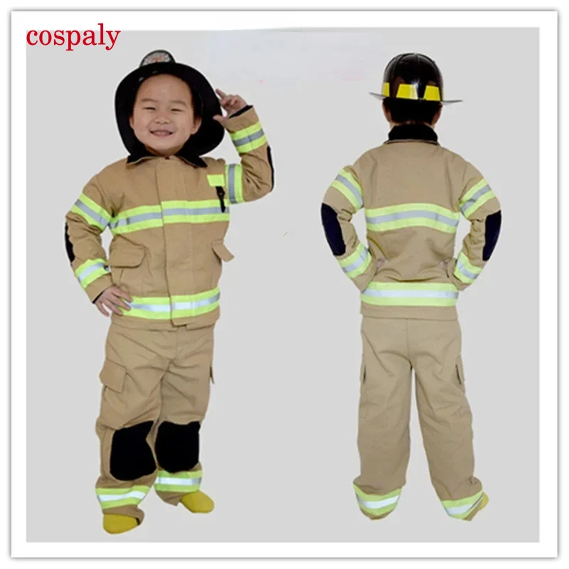 A Fireman Sam Cosplay Costumes Cotton Linen Fancy Halloween Party Firefighter Uniform Boys Role Play Work Wear Kids Fireman Cos