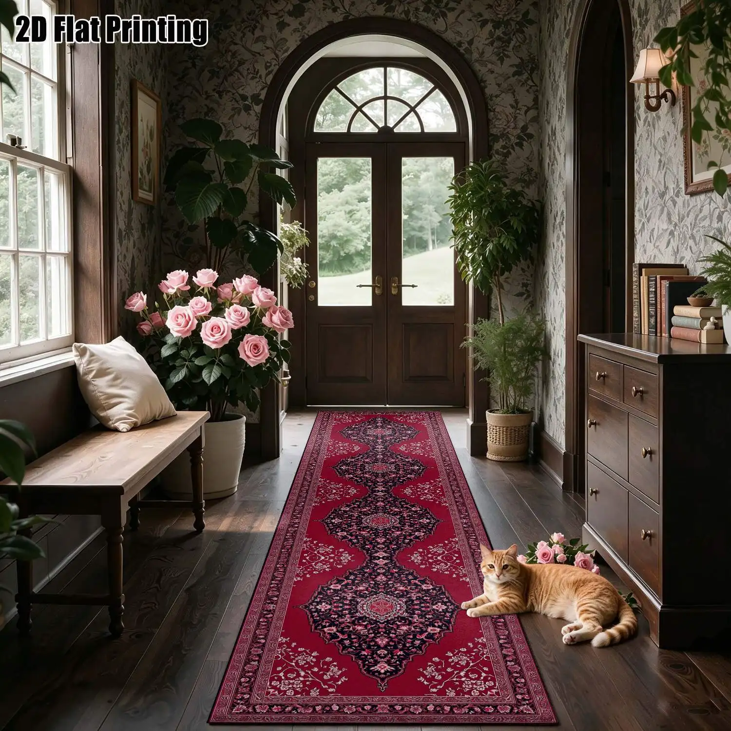 1Pc 2D Printed Long Strip Runner Rug: Red Retro Floral, European, Bohemian, Geometric Striped Styles Machine Washable, Multiple Sizes, Ideal for Entryway, Hallway, Bedroom, Living Room Home Decor.