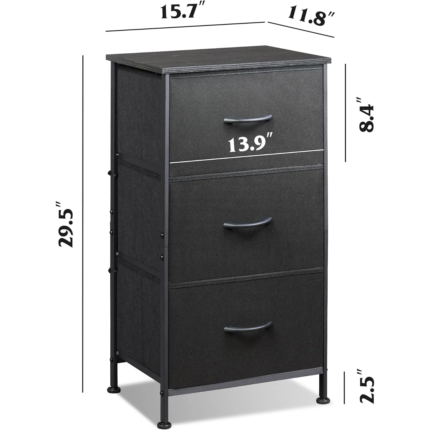 Kommode mit 3 Schubladen, Nachttisch aus Stoff, Organizer-Einheit, Aufbewahrungskommode für Schlafzimmer, Flur, Eingangsbereich, Schränke, Anthrazitschwarz