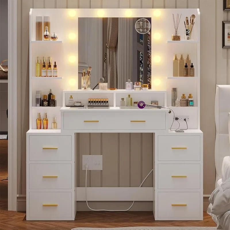 Glass Top Vanity Desk with Mirror and Lights, Makeup Vanity with Lights, Charging Station and 10x Magnifying Mirror