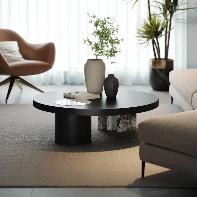 FF Mid-Ancient Tea Table round Solid Wood Vintage Natural Marble Tea Table Living Room Black Luxury Stone