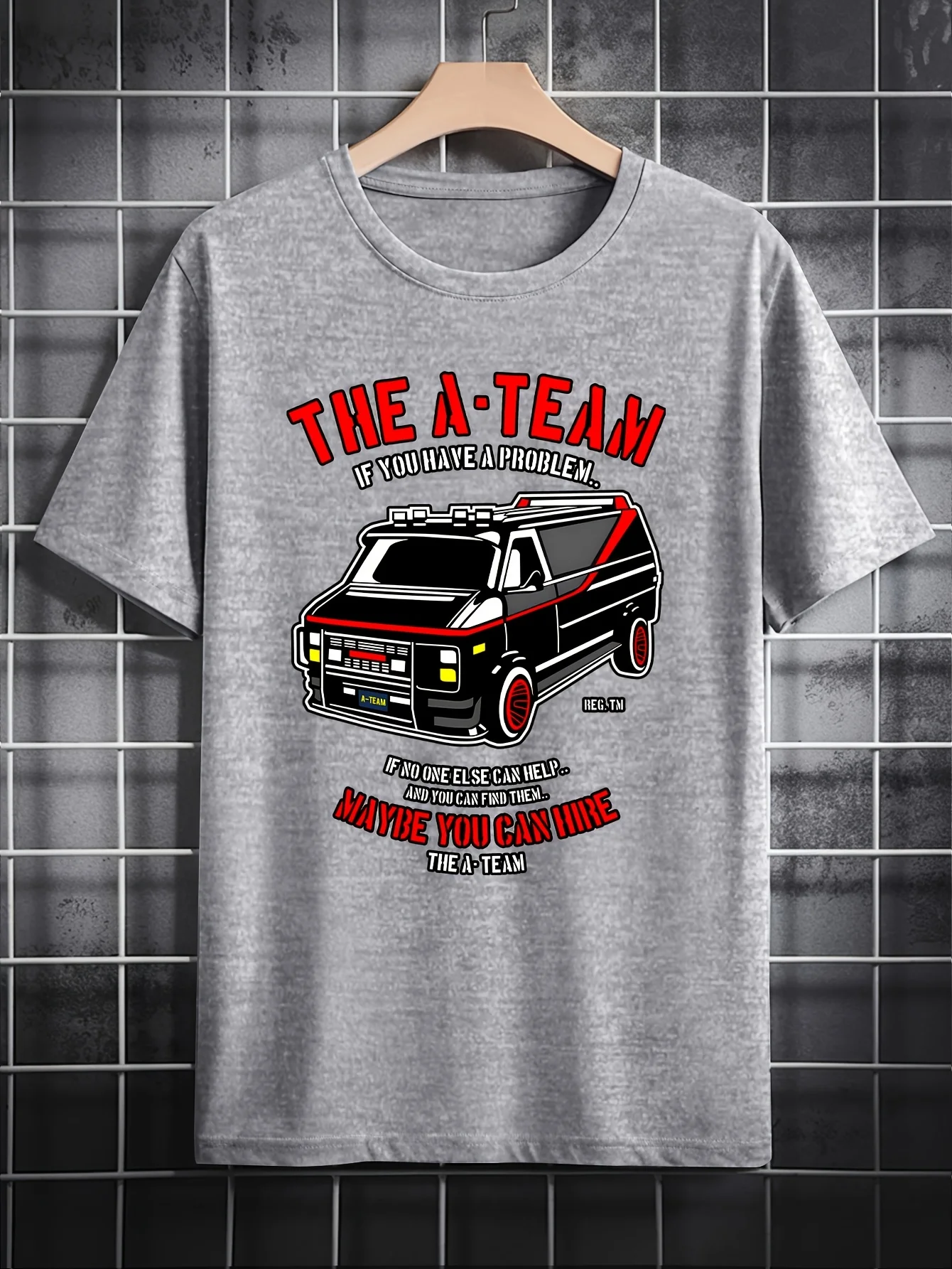 

Crew Neck T-Shirt | Polyester, Machine Washable, "THE A-TEAM" Graphic Print - Black, Red & White Design, Perfect Gift for Men