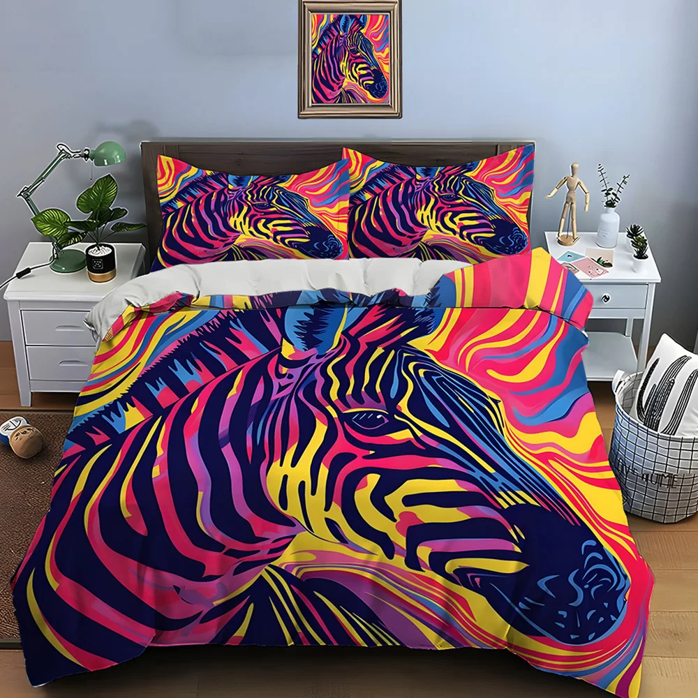 Vibrant Zebra Artwork Pattern Duvet Cover Set Digital Print Colorful Polyester Bedding with Zipper Closur for kids gifts