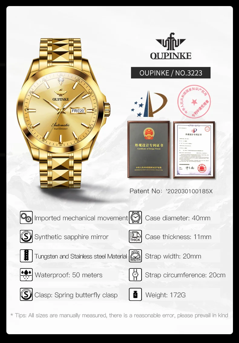 OUPINKE 3223 Real Diamond Automatic Watch for Men Sapphire Mirror Mechanical Wristwatch Luxury Top Brand Business Man Gold Watch