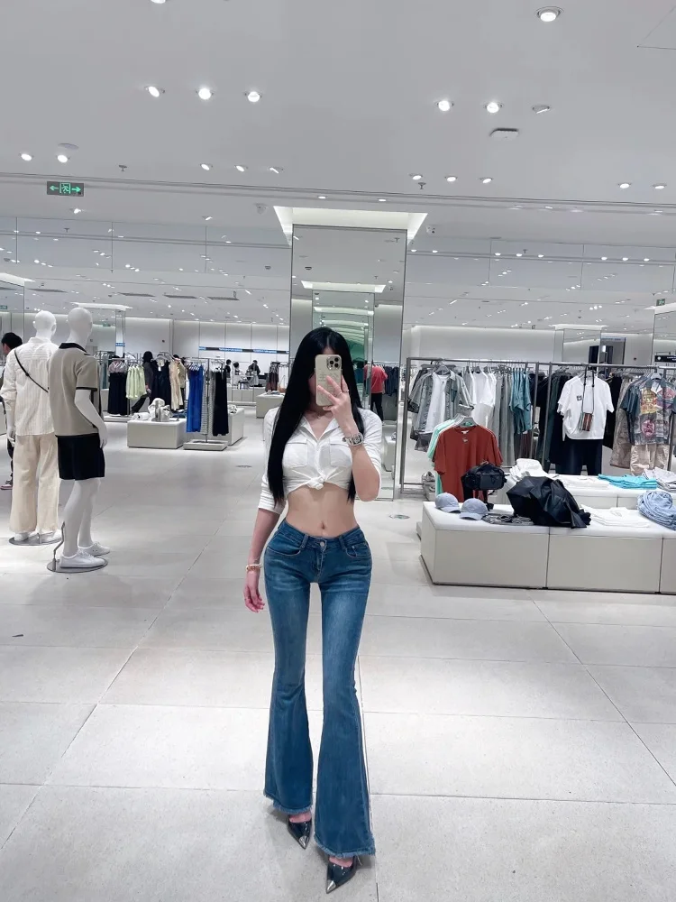 

Low Waist Blue Denim Jeans Women's Spring 2025 Slimming High Rise Bootcut Pants Ankle Length Casual Cotton Stretch Denim