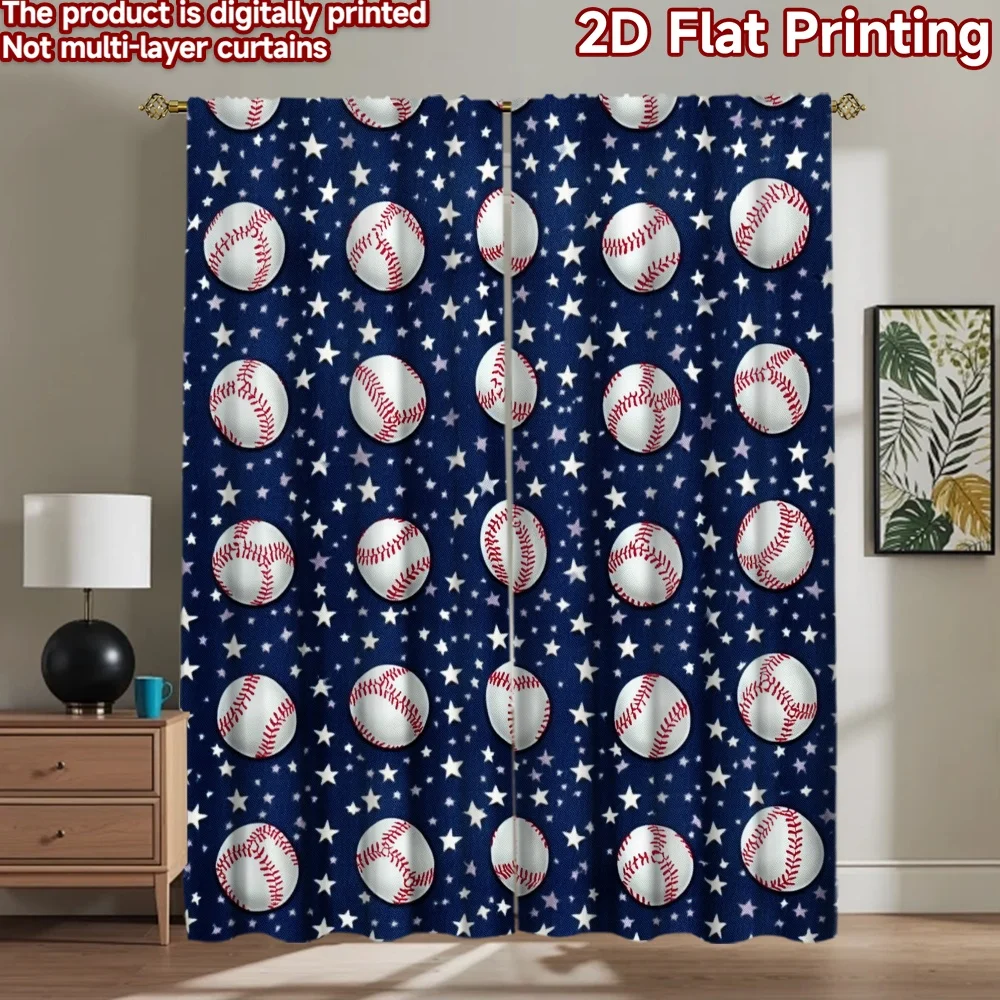 2D flat 2pcs Curtain Country Style Fourth of July Baseball Stars Digitally printed polyester, colorfast Family Party Decoration