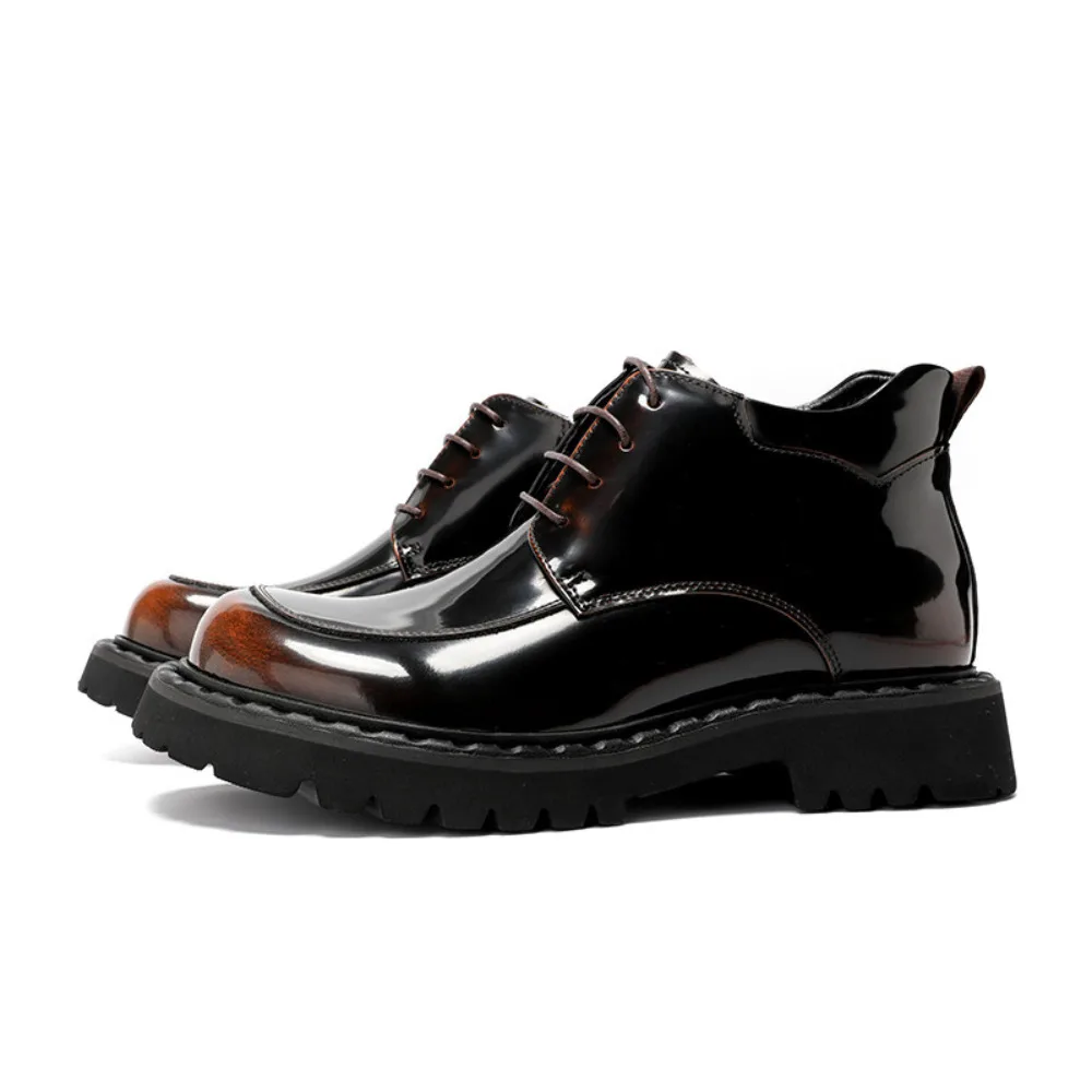 New Spring Mens Genuine Leather Business High Top Boots Lace Up Thick Sole Height Increasing Glossy Big Toe Men Boots