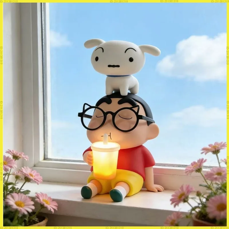 Lámpara Nocturna de Crayon Shin Chan con Control Táctil, Figura de Vinilo con Taza de Refresco y Perro Shiro, Decoración de Escritorio de Anime para Fanáticos del Anime