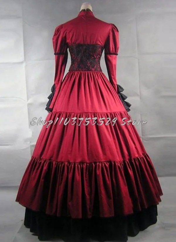 Elegant Red Victorian Prom Dresses Delicate Bow Satin Lace Tie Gothic Long Sleeve A-Line Tiered Ruffles Masquerade Evening Gowns