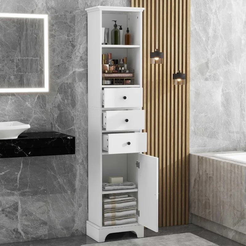 Tall Storage Cabinet with 3 Drawers and Door, Slim Linen Tower Bathroom Organizer, Adjustable Shelves,