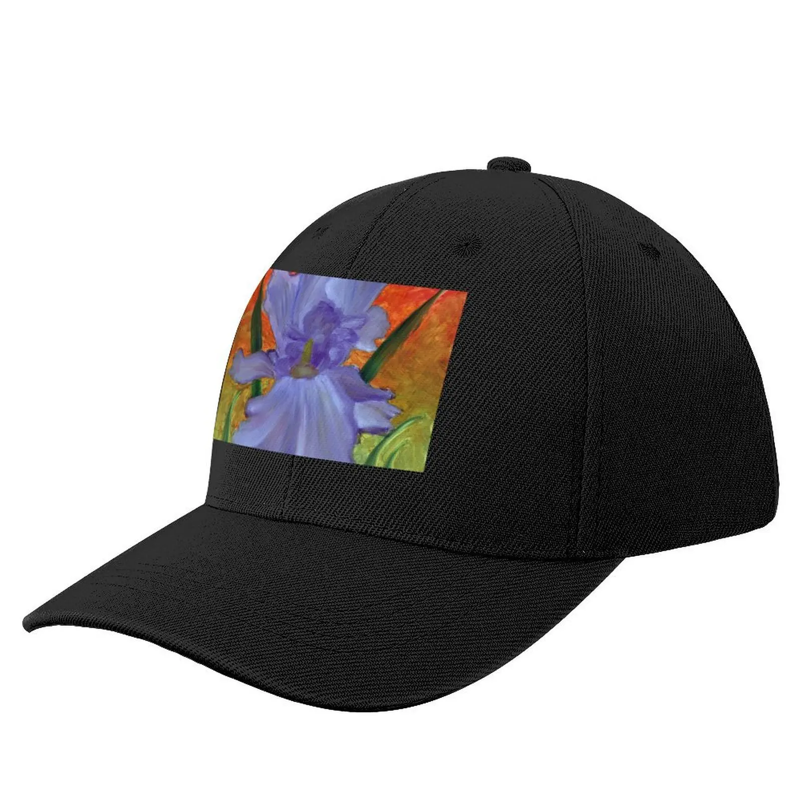 

Rainbow Purple Iris Flower Against Fiery Sunset Colors, Abstract Oil Painting, Colorful Flower, Nature-Inspired, Un Baseball Cap