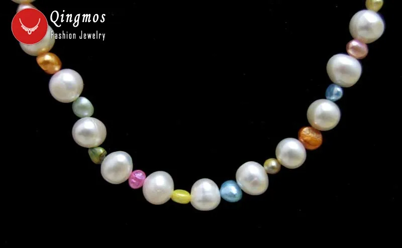 Qingmos 8-9mm Round Natural White Pearl Necklace for Women with 5mm Baroque Multicolor Pearl Sweater Long Necklace 30'' Jewelry