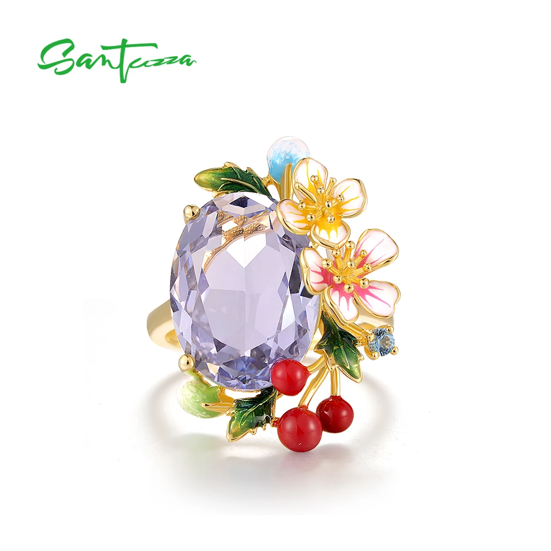 SANTUZZA Pure 925 Sterling Silver Statement Rings For Women Floral And Cherry Eye Catching Party Gifts Enamel Fine Jewelry