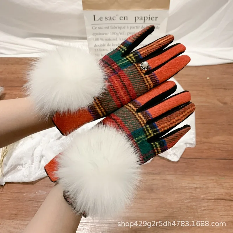 Women's Cashmere Gloves Ladies Touch Screen Furry Fox Fur Ball Plaid Wool Driving Glove Female Mittens