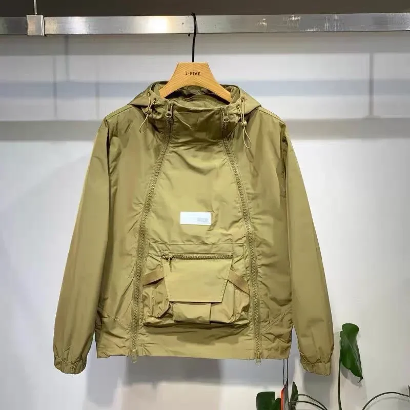 Luxury Spring Autumn Jacket Men Double Zipper Hooded Outdoor Coat Pocket Cargo Sweatshirt Hooded Sportswear High-end Windbreaker