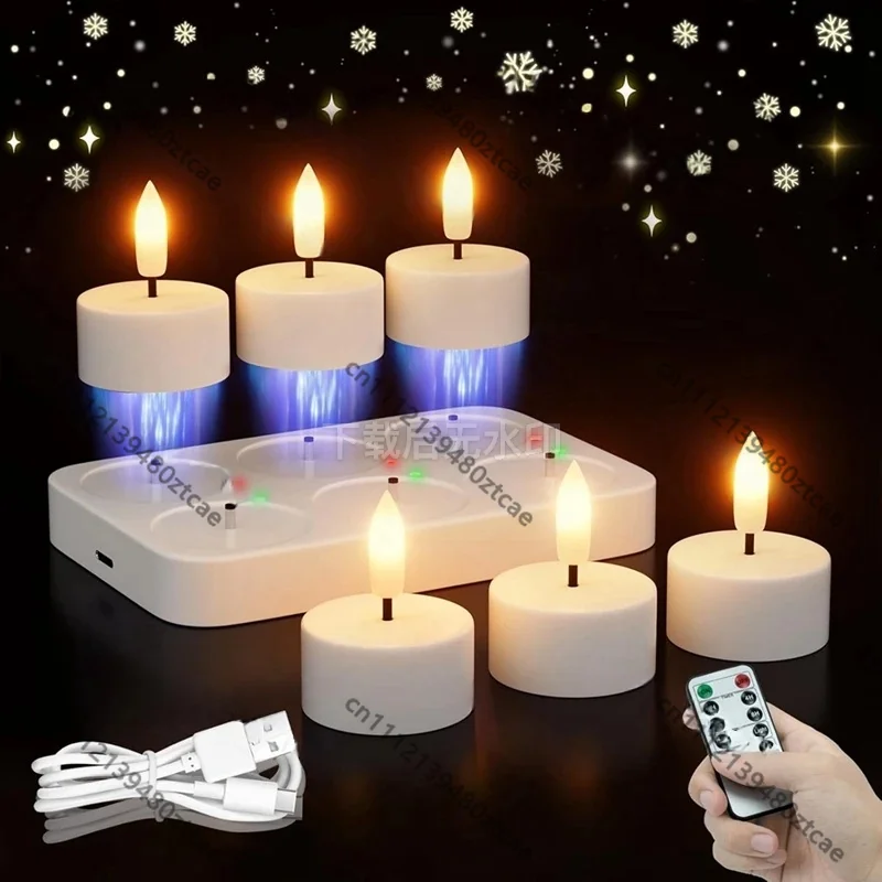 T43C 6Pcs LED Flameless Tea Light, Rechargeable Candle with Charging Base, Remote Timer, Home Party Decor Ambient Light