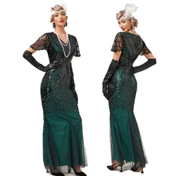 New Fitted Fishtail Dress 1920s Flapper Mesh Sequin V-neck Skirt Great Gatsby Party Costume Host Dress Vestido De Festa