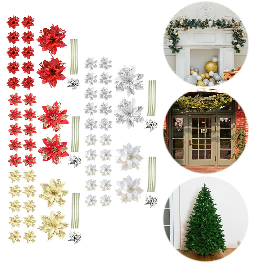 12Pcs Christmas Poinsettia Artificial Poinsettia Decorative Christmas Tree Flowers Ornaments 14cm for Stairs Window Fireplace