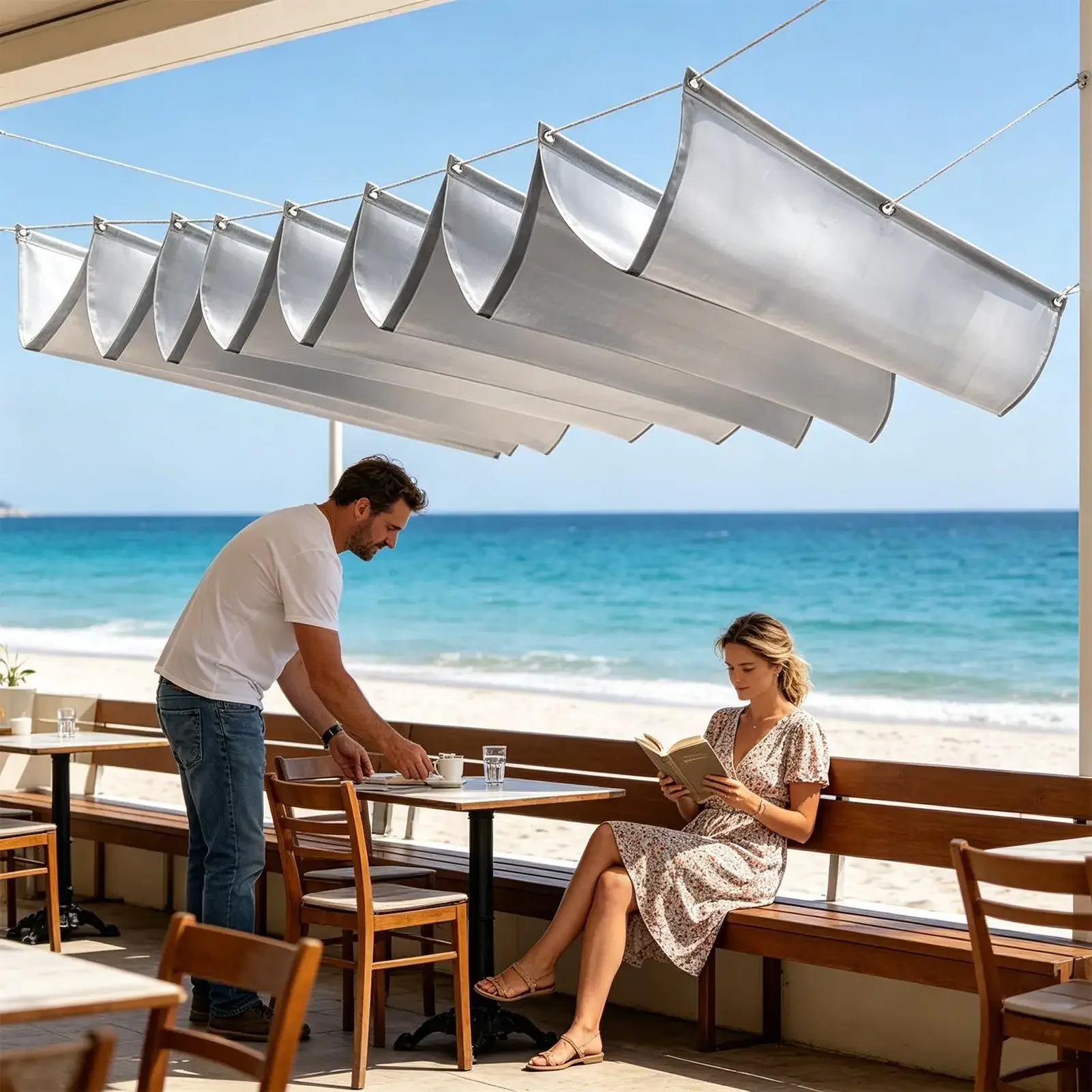 Sonnensegel, strapazierfähig, wasserdicht, einziehbar, sonnenbeständig, mit Wellendesign, für Terrasse, Strand, Veranda, Deck