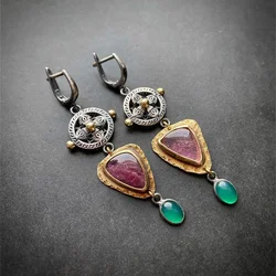 Vintage Waterdrop Round Geometry Earrings Red Green Stone Gold Silver Color Earrings for Women Wedding Engagement Jewelry