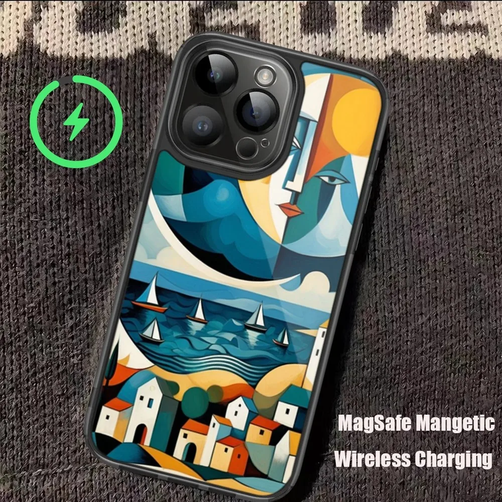 P-Picasso Art Painting Phone Case For iPhone 11 12 13 14 15 Pro Max Plus Mini Magsafe Magnetic Wireless Charging Shell