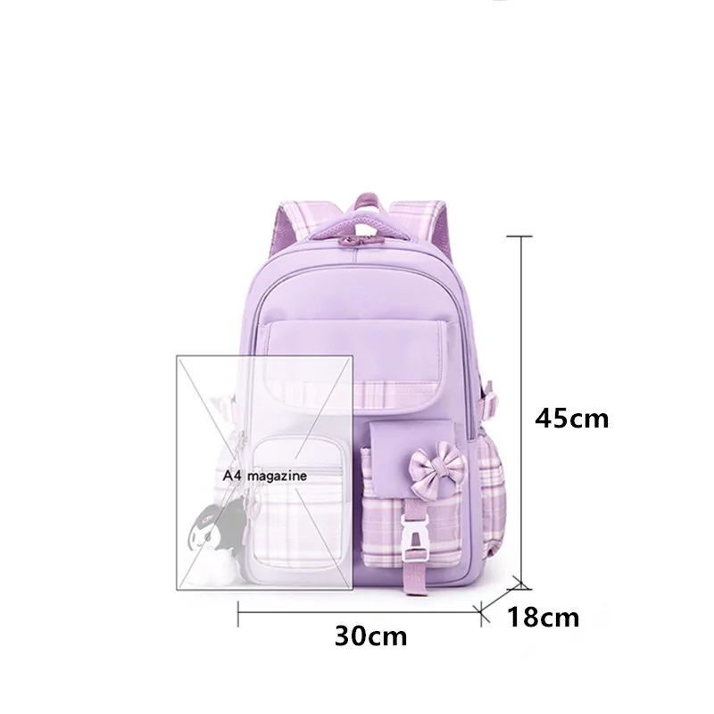 Purple Bow Knot School Bags For Kids Plaid Book Bag Pink Waterproof School Backpacks For Girls Large Capacity Kawaii Backpack