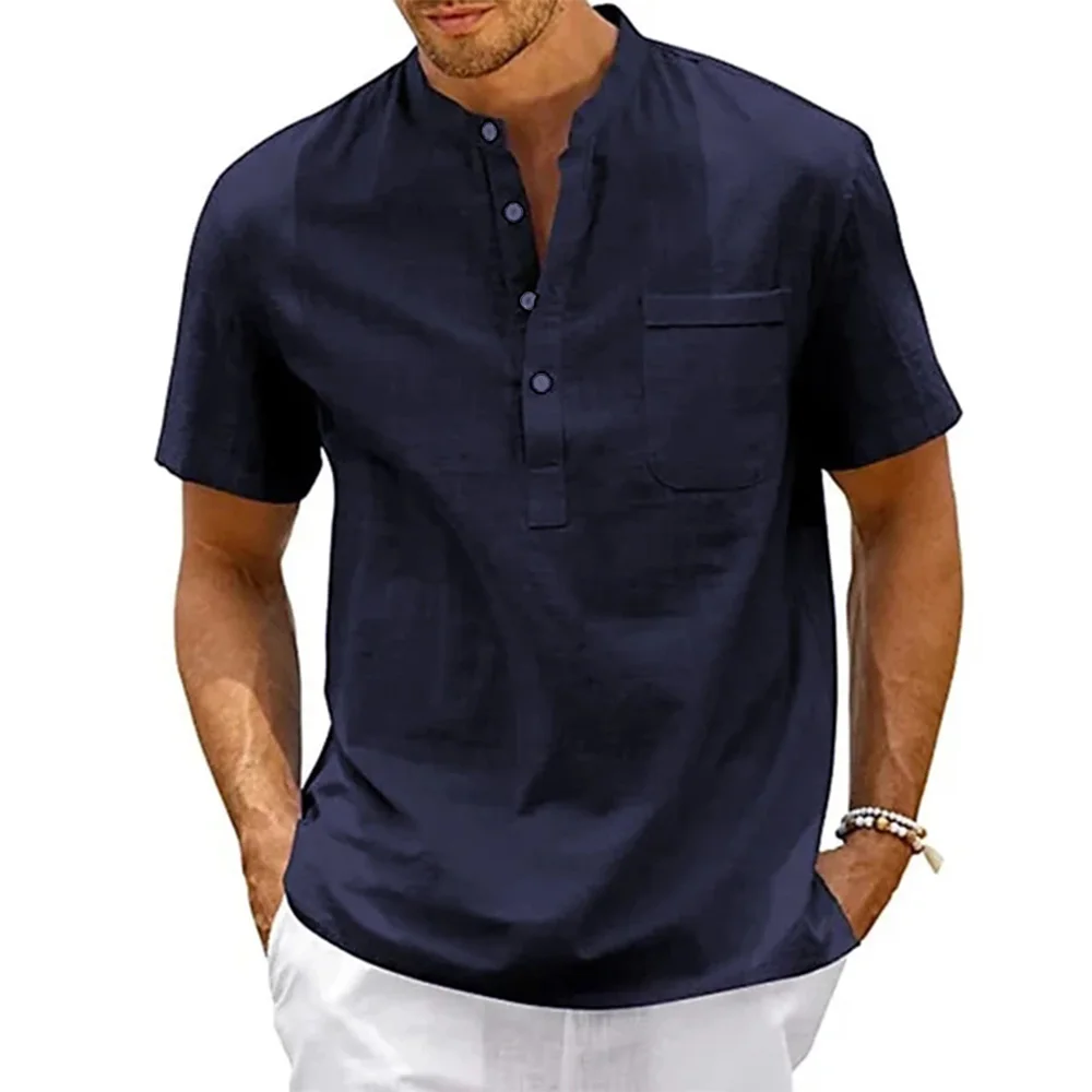 Katoenen Linnen Shirt Mannen Henley Hals Zak Casual Strand Korte Mouw Effen Kleur Mannelijke Tops T-Shirts Vintage Streetwear