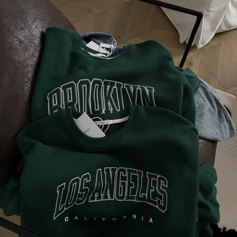 Amerykański Retro drukowany napis ciemnozielona bluza z okrągłym wycięciem kobiet ponadgabarytowych swetry swetry nowa wiosna Sudaderas Para Mujer
