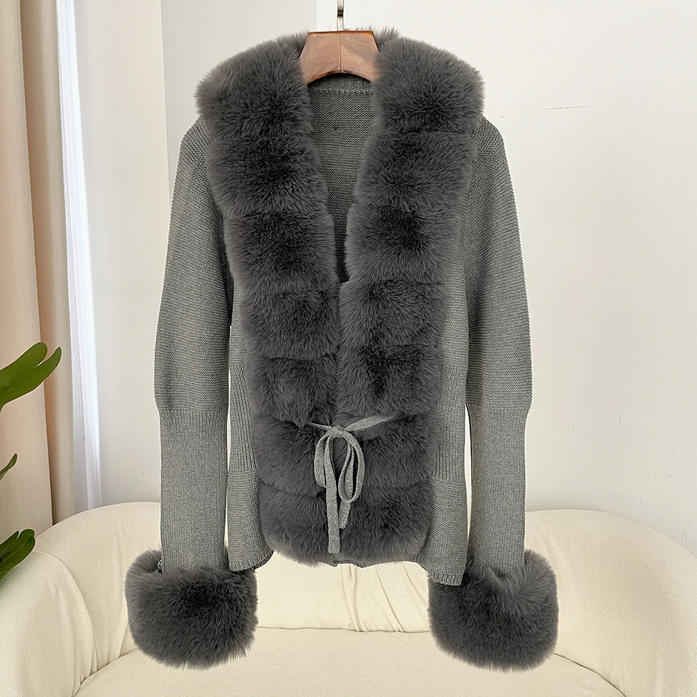 Detachable Collar Jacket Fur Knitted Cardigan Faux Fur Coat Patchwork Knit Sweater Bandage Autumn-winter Women\'s Fur Cardigan