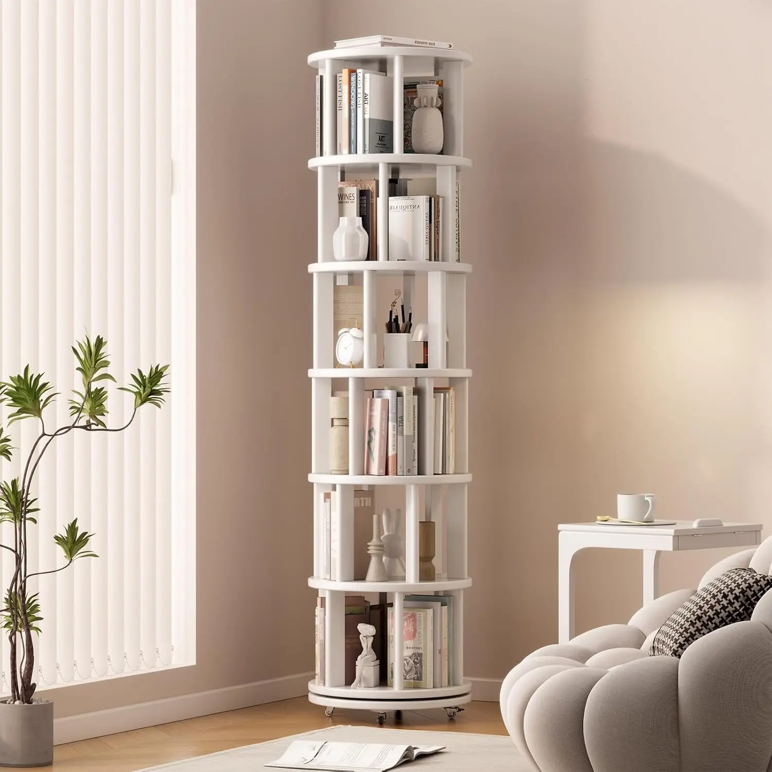 

Solid Wood Rotating Bookshelf on Wheels, 6 Tier, Round Revolving Bookcase, 360° Spinning Book Shelf Tower for Kids, Nar